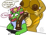 animal_genitalia anthro balls big_balls big_breasts big_penis blush blush_lines breasts brown_body brown_nipples brown_penis clothed clothed/nude clothed_anthro clothed_male clothing darkened_genitalia darkened_penis dialogue drawing drawing_tablet duo electronics erection female fur furniture genitals green_body gynomorph gynomorph/male hair huge_balls huge_penis hyper hyper_balls hyper_genitalia hyper_penis intersex intersex/male male nipples nude nude_female open_mouth penis penis_on_face penis_on_shoulder pink_body pink_fur shirt shy simple_background sitting smile speech_bubble tablet tail teeth text thick_thighs topwear vein veiny_penis lino_the_lion denny_(dennyboylove) lino_(lino_the_lion) ambiguous_species felid feline felis lion mammal pantherine reptile scalie digital_media_(artwork) english_text hi_res meme