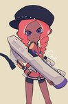 blaster_(splatoon) bottomwear clothing female hat headgear headwear holding_object holding_weapon hotpants jacket pseudo_hair purple_eyes s-blast shorts simple_background solo tan_background tentacle_hair tentacles text thin_thighs topwear weapon muifish nintendo splatoon octoling_girl cephalopod humanoid marine mollusk octarian octoling english_text hi_res