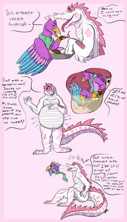 abdominal_bulge anthro anthro_pred anthro_prey avian_feet beak biped blue_body bodily_fluids bone bottomwear clothed clothing dessert digestion disposal eyes_closed feathered_crest feathered_wings feathers femboy food green_eyes head_crest ice_cream internal male male_pred male_prey organs pellet pink_body skull stomach stomach_acid tail tail_feathers text tongue tongue_out vore winged_arms wings brightopticeyes cupid_(brightopticeyes) gyro_feather alligator alligatorid avian bird crocodilian galliform peafowl phasianid reptile scalie 4:7 absurd_res english_text hi_res