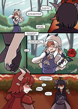 animal_ears clawed_hands clothed clothing dialogue female hair horn humanoid_pointy_ears male monster_girl_(genre) open_mouth pointy_ears red_eyes simple_background text white_hair yellow_eyes shriekingmagpie horned_humanoid humanoid comic digital_media_(artwork) english_text hi_res