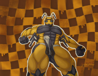 3_fingers antennae_(anatomy) blue_eyes brown_body checkered checkered_background clothing fingers genitals looking_down male muscular muscular_male pattern_background pecs penis simple_background underwear yellow_body td3lic ogden_vespido_(entitropy) arthropod hornet hymenopteran insect vespid wasp hi_res