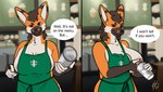 anthro apron apron_only areola areola_slip big_breasts blue_eyes bodily_fluids breast_milking breasts brown_body brown_fur chest_tuft cleavage clothed clothing collarbone container crossgender cup dual_holding exhibitionism exposed_breasts female fur green_apron green_clothing hair holding_container holding_cup holding_object holding_pen holding_writing_utensil lactating lactating_in_cup milk milking_self mostly_nude nipples orange_body orange_fur pen pink_areola public public_exposure reveal side_boob smile solo tuft undressing writing_utensil fourbythree i_mean_breast_milk starbucks olsson canid canine mammal maned_wolf absurd_res digital_media_(artwork) hi_res meme