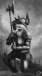 anthro armor axe braces breastplate chainmail clothing cloud fangs gauntlets gloves greaves group handwear headgear helmet looking_at_viewer male melee_weapon outside pauldron platemail polearm poleaxe sky solo_focus teeth weapon whiskers chanrom canid canine fox mammal digital_media_(artwork) greyscale hi_res monochrome signature