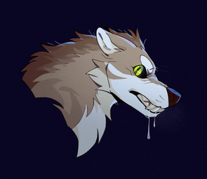 ambiguous_gender black_nose black_sclera blue_background bodily_fluids brown_body brown_ears brown_fur cheek_tuft countershade_face countershade_neck countershading drooling ears_back facial_tuft fangs feral fur green_eyes looking_at_viewer neck_tuft pivoted_ears pointy_ears prick_ears pupils saliva saliva_on_chin sharp_teeth side_view simple_background slit_pupils solo teeth tuft unsigned white_body white_countershading white_fur asnnonaka mythology lim_(asnnonaka) canid canine canis mammal mythological_canine mythological_creature werecanid werecanine werecreature werewolf wolf bust_portrait hi_res portrait
