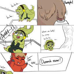 accessory ambiguous_gender baby_talk black_hooves bodily_fluids brown_body brown_fur brown_hair brown_hooves bulge bullying clothed clothed_feral clothing crying eyes_closed falling feral fur green_body green_fur hair headband hooves mouth_hold open_mouth pushbutton red_body red_fur scared shaking tail tears teeth text trembling young young_ambiguous young_feral yellowcottoncandy030 fluffy_pony star_wars fluffy_pony_(species) mammal 1:1 2025 comic digital_media_(artwork) english_text hi_res