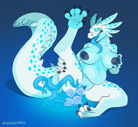 anthro black_nipples blue_body blue_eyes bodily_fluids breast_fondling breast_play breasts broodmother claws egg female fondling genital_fluids hand_on_breast holding_leg long_tongue nipples oviposition raised_leg slime solo spread_legs spreading tentacles tongue vaginal_fluids white_body kingkapro mythology dragon mythological_creature mythological_scalie scalie absurd_res blue_and_white hi_res monochrome