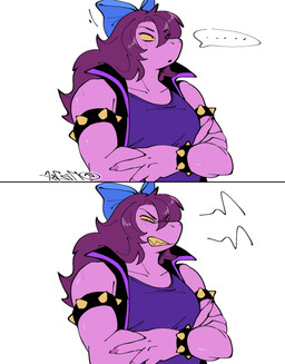 accessory angry anthro armband biped blue_bow blue_ribbon bow_(feature) bow_accessory bow_ribbon bracelet centered_hair_bow clenched_teeth clothed clothing colored_nails crossed_arms ellipsis emanata eye_through_hair female female_anthro fingers freckles front_view fully_clothed hair hair_accessory hair_bow hair_ribbon humanoid_hands jacket jewelry kemono long_hair looking_at_viewer monotone_hair nails open_clothing open_jacket open_topwear purple_body purple_clothing purple_hair purple_nails purple_shirt purple_topwear ribbons sharp_nails shirt simple_background snout solo speech_bubble spiked_armband spiked_bracelet spikes teeth topwear translucent translucent_hair white_background yellow_sclera suda deltarune undertale_(series) susie_(deltarune) reptile scalie 2025 colored digital_media_(artwork) flat_colors hi_res sequence
