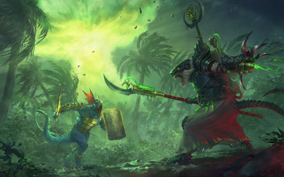 anthro armor blue_body breastplate detailed_background duo explosion forest headgear helmet holding_melee_weapon holding_object holding_polearm holding_shield holding_weapon jungle male melee_weapon open_mouth outside palm_tree plant polearm shield tail tree weapon lie_setiawan total_war:_warhammer warhammer_(franchise) warhammer_fantasy ikit_claw tehenhauin mammal rodent scalie skaven skink_(warhammer_fantasy) 16:10 hi_res official_art widescreen