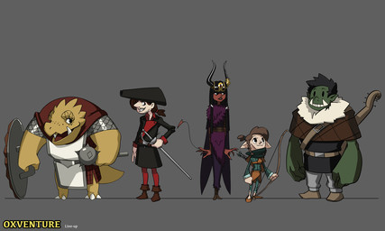 3_fingers 5_fingers anthro armor arrow_(weapon) bard barefoot beard belt belt_buckle bent_arm black_clothing black_coat black_eyes black_hair black_hat black_headwear black_helmet black_horn black_lips black_shirt black_topwear black_tunic bottomwear bow_(weapon) brown_belt brown_bottomwear brown_clothing brown_footwear brown_hair brown_shawl brown_shoes brown_skirt buckle cape chainmail cheek_scar claw_toes claws closed_smile clothed clothed_anthro clothed_female clothed_human clothed_humanoid clothed_male clothing coat digit_ring dot_eyes dress druid eyelashes facial_hair facial_scar fangs feet female female_humanoid finger_ring fingers fist footwear fully_clothed fully_clothed_female fully_clothed_human fully_clothed_humanoid fully_clothed_male fur_trim_(clothing) fur_trim_shawl green_body green_clothing green_hair_tie green_leggings green_legwear green_shirt green_skin green_topwear grey_background grey_bottomwear grey_clothing grey_pants grumpy hair hat headgear headwear holding_bow_(weapon) holding_mace holding_melee_weapon holding_object holding_ranged_weapon holding_rapier holding_shield holding_sword holding_weapon horn horn_jewelry horn_ring humanoid_pointy_ears jewelry larger_anthro larger_female larger_human larger_humanoid larger_male leggings legwear light lips long_hair long_tail looking_at_another looking_at_viewer lute mace magic_user male male_anthro male_human male_humanoid melee_weapon mouth_closed muscular muscular_anthro muscular_male musical_instrument mustache open_mouth open_smile paladin pants pirate plucked_string_instrument pointy_ears pointy_nose ponytail purple_clothing purple_dress quiver_(object) ranged_weapon rapier red_cape red_clothing red_hair_tie red_leggings red_legwear red_shirt red_tail red_tongue red_topwear red_tunic ring_(jewelry) rogue scales scar shawl shield shirt shoes short_hair simple_background simple_eyes size_difference skirt smaller_anthro smaller_female smaller_human smaller_humanoid smaller_male smile smiling_at_another standing straight_arms string_instrument stubble sword tail tan_body tan_skin teeth text thick_tail thin_eyebrows thin_tail tongue toothy_grin topwear tribal_spellcaster tunic tusks weapon white_claws white_clothing yellow_body yellow_scales yellow_tail inkarat_mittongtare dungeons_and_dragons hasbro oxventure wizards_of_the_coast corazon_de_ballena dob_(oxventure) egbert_(oxventure) merilwen prudence_(oxventure) dragonborn_(dnd) elf half-orc horned_humanoid human humanoid mammal scalie tailed_humanoid tiefling wood_elf 2019 5:3 adobe_photoshop_(artwork) colored digital_drawing_(artwork) digital_media_(artwork) english_description english_text lighting shaded