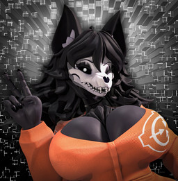5_fingers abstract_background anthro big_breasts black_body black_eyeshadow black_fur black_hair black_sclera bone breasts chest_tuft claws cleavage clothed clothing curvy_figure eyelashes eyeshadow female finger_claws fingers fur glistening glistening_body glistening_breasts glistening_fur hair huge_breasts inner_ear_fluff jumpsuit long_hair looking_at_viewer makeup one_eye_closed orange_jumpsuit skull skull_head solo tuft voluptuous voluptuous_anthro voluptuous_female white_eyes wink winking_at_viewer wastedpines cryptiacurves_(modeler) scp_foundation scp-1471-a canid canine malo mammal 2026 blender_(artwork) digital_media_(artwork) hi_res