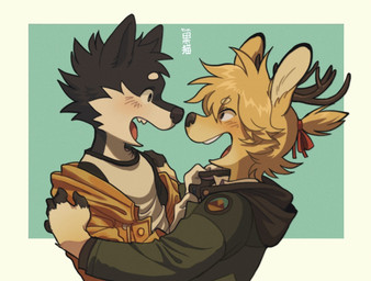 accessory anthro antlers black_body black_fingers black_fur blush clothed clothed_anthro clothed_male clothing coat duo eye_contact fur green_clothing green_coat green_topwear hair hair_accessory hair_ribbon happy horn hug looking_at_another male male/male male_anthro open_mouth red_ribbon ribbons romantic romantic_couple shirt tank_top teeth topwear white_clothing white_shirt white_tank_top white_topwear yellow_body yellow_clothing yellow_coat yellow_fur yellow_topwear koiyaroid chris_(koiyadroid) kyle_dawson_(koiyadroid) canid canine canis deer domestic_dog husky mammal new_world_deer nordic_sled_dog reindeer spitz 2019 digital_media_(artwork)