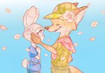 anthro blue_background brown_body brown_fur clothing duo eyes_closed female flower fur grey_body grey_fur hat headgear headwear looking_at_another male plant simple_background uniform young strawberry628_(artist) disney zootopia judy_hopps nick_wilde canid canine fox lagomorph leporid mammal rabbit red_fox true_fox 2020 hi_res