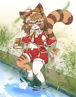 accessory anthro biped book bottomwear brown_body brown_ear_tips brown_hair brown_highlights brown_markings clothed clothing countershade_arms countershade_face countershade_hands countershade_neck countershade_torso countershading dipstick_ears ear_markings eyewear female foot_in_water footwear fully_clothed glasses green_eyes hair hair_accessory high-angle_view highlights_(coloring) looking_at_viewer markings midriff multicolored_ears multicolored_eyes open_mouth open_smile pink_eyes plant shorts sitting sitting_on_ground smile socks solo stripes two_tone_eyes white_highlights zhaoer potatotanuki_(potatoximon) canid canine mammal raccoon_dog tanuki 2024 chinese_description colored detailed hi_res shaded