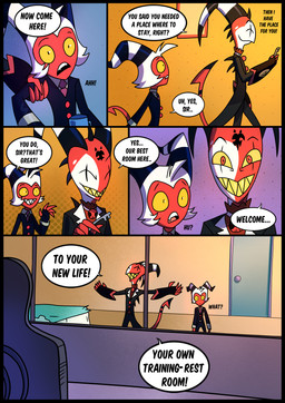 bed bedroom clenched_teeth dialogue door freckled_face freckles furniture key male simple_background smile teeth text kato777 hellaverse helluva_boss blitzo_(helluva_boss) moxxie_(helluva_boss) demon imp absurd_res comic english_text hi_res