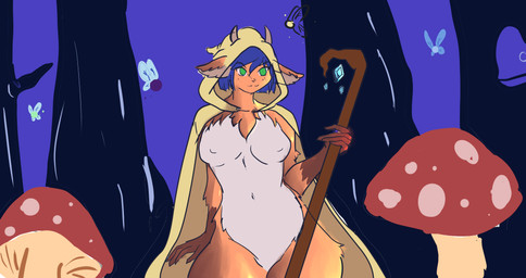 big_breasts blue_hair breasts druid female hair half_clothed horn long_ears magic_user simple_background simple_coloring solo thick_thighs tribal_spellcaster blackpatapon ciara_(blackpatapon) animal_humanoid deer fairy humanoid mammal mammal_humanoid hi_res