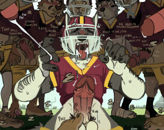 5_toes american_football anthro arm_hair armpit_hair athletic athletic_anthro athletic_male balls barefoot blush bodily_fluids body_hair bottomwear bottomwear_down bukkake bullying circlejerk circumcised circumcision_scar clothed clothing cum cum_in_mouth cum_inside cum_on_body cum_on_face cumshot dialogue ejaculating_on_another ejaculation feet foot_fetish foot_on_balls foot_play football_field football_gear football_helmet football_jersey football_player football_team footjob foreskin genital_fluids genital_scar genitals glans group group_masturbation handjob humanoid_feet humanoid_genitalia humanoid_penis kneeling male male/male masturbation muscular muscular_anthro muscular_male musk musk_clouds open_mouth pants pants_down partially_clothed penile penis pink_glans pink_penis plantigrade pubes raised_arms scar sex sport sports_uniform sportswear submissive submissive_male sweat sweaty_body tan_balls teasing throbbing throbbing_penis toes white_balls jerro nike kyash-tyur canid canine canis cheetah felid feline mammal wolf absurd_res hi_res