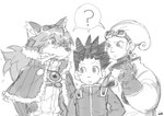anthro bone clothed clothing eyebrows facial_scar fingers group hair male question_mark scar trio young young_human young_male anaquariusart cyberconnect2 hunter_x_hunter little_tail_bronx sega solatorobo the_ocean_hunter gon_freecss red_savarin torel_(the_ocean_hunter) canid caninu human mammal absurd_res hi_res monochrome