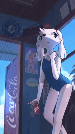 anthro beverage beverage_can blue_clothing blue_eyes blue_swimwear boombox chest_tuft clothing detailed_background electric_fan electronics eyelashes fan_(object) female female_anthro flat_chested fur holding_beverage holding_object inside machine navel_outline one-piece_swimsuit oscillating_fan poster radio solo swimwear text tuft vending_machine white_body white_fur nessysalmon coca-cola canid canine canis domestic_dog mammal 2021 9:16 hi_res japanese_text