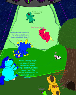 alien_abduction blonde_hair blue_body blue_hair brown_hair dialogue female feral grass hair horn male night plant red_body scared text tree ufo unicorn_horn wings yellow_body young young_feral pa1g3s fluffy_pony alien bovid bovine cattle fluffy_pony_(species) mammal english_text hi_res