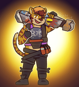 anthro clothing countershading explosives fur gesture grenade gun hair hair_through_hat hand_gesture hat headgear headwear looking_at_viewer male one_eye_closed orange_body orange_fur ranged_weapon slightly_chubby smile solo stripes thumbs_up weapon weapon_on_shoulder wink pink_marky gabe_(mytigertail) felid mammal pantherine tiger hi_res