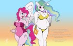 anthro bikini breasts clothing duo embarrassed female female_anthro horn navel one_eye_closed open_mouth overweight slightly_chubby slightly_chubby_female smile swimwear teeth two-piece_swimsuit wings yellow_bikini yellow_clothing yellow_swimwear duragan friendship_is_magic hasbro my_little_pony mythology pinkie_pie_(mlp) princess_celestia_(mlp) equid equine mammal mythological_creature mythological_equine winged_unicorn absurd_res hi_res