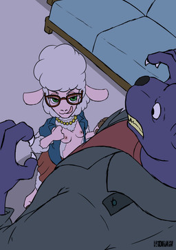 anthro areola bottomwear breasts clothing duo eyewear female glasses jacket male male/female nipples skirt tongue tongue_out topwear h1draw disney zootopia dawn_bellwether bovid caprine felid mammal pantherine sheep absurd_res hi_res
