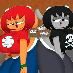 alternative_fashion anthro belly big_breasts big_butt black_hair blue_eyes bouncing_butt breasts brown_body brown_fur butt butt_cleavage butt_frottage butt_jiggle clock clothing comparing comparing_butts crop_top curvy_figure dialogue duo eyelashes eyeshadow female fur goth grey_body grey_fur hair horn hourglass_figure huge_breasts huge_butt jiggling lips makeup midriff navel red_hair shirt simple_background simple_eyes slightly_chubby smile smug text thick_thighs tongue topwear voluptuous watch wide_hips wristwatch 3barts parappa_the_rapper sony_corporation sony_interactive_entertainment um_jammer_lammy lammy_lamb rammy_lamb bovid caprine mammal sheep 1:1 2021 absurd_res digital_media_(artwork) english_text hi_res
