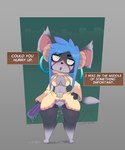 anthro barefoot black_nose blue_hair bodily_fluids bottomwear breasts cheek_tuft clothed clothing dialogue dipstick_ears dipstick_tail ear_markings eyelashes facial_tuft feet female fur genital_fluids genitals green_background green_eyes grey_background grey_body grey_fur hair hand_on_hip holding_object holding_sex_toy leg_markings looking_at_viewer markings multicolored_ears navel no_underwear pupils pussy sex_toy simple_background skirt slit_pupils socks_(marking) solo tail tail_markings talking_to_viewer text text_box thick_thighs topwear tuft vaginal_fluids wide_hips yellow_bottomwear yellow_clothing yellow_skirt yellow_topwear goatsworth atlyss vivian_(atlyss) poon_(atlyss) absurd_res hi_res