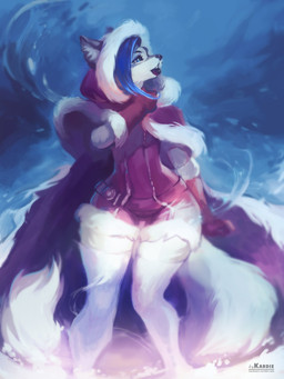 anthro blue_eyes blue_hair clothing coat dress female hair jewelry markings mole_(marking) small_waist snow solo topwear wide_hips wind winter kardie sheazu canid canine domestic_cat felid feline felis fox hybrid mammal 3:4 hi_res