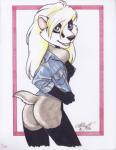 2006 absurd_res anthro badger blonde_hair bottomless breasts butt clothed clothing female hair hi_res looking_at_viewer mammal mustelid musteline nipples pinup pose signature solo terrie_smith traditional_media_(artwork) undressing
