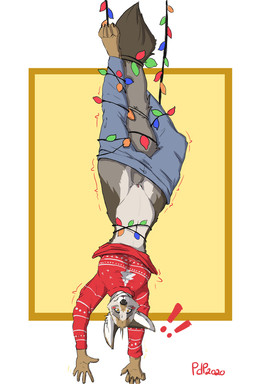 accident accidental_exposure anthro bdsm black_nose blush bondage bottomwear bound breasts brown_body brown_fur christmas_decorations christmas_lights clitoris clothed clothing denim denim_bottomwear denim_clothing embarrassed exclamation_point exposed female fluffy fluffy_tail fur genitals grey_body grey_fur holidays jeans legs_tied light_bulb looking_at_viewer navel no_underwear pants partially_clothed pink_vulva raised_clothing raised_sweater raised_topwear red_clothing red_sweater red_topwear shaking simple_background solo string_light_bondage string_lights struggling stuck suspension sweater tail tan_body tan_fur topwear trapped trembling vulva wardrobe_malfunction yellow_background yellow_eyes plaguedoctorprincess christmas manzanita_(moonshinefalling) canid canine canis coyote mammal 2020 digital_media_(artwork) signature