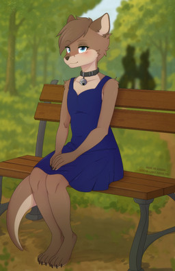 anthro bell bell_collar bench black_collar blue_clothing blue_dress blue_eyes blurred_background blush brown_body brown_ears brown_fur brown_hair brown_head brown_tail claws clothed clothing collar dress eyebrow_through_hair eyebrows eyelashes eyelashes_through_hair femboy forest forest_background fur hair male nature nature_background plant public sitting smile smiling_at_viewer solo tail tan_body tan_chest tan_ears tan_face tan_fur tan_tail text translucent translucent_hair tree asusya background_character sanny_(character) mammal mustelid otter english_text hi_res watermark