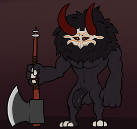 anthro axe balls genitals horn male mask melee_weapon penis solo weapon sarek_aran_desian genshin_impact mihoyo hilichurl humanoid mitachurl hi_res