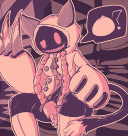 abstract_background black_tail bodily_fluids braided_hair breasts claw_(weapon) clothed clothed_female clothed_humanoid clothing dark_body dark_skin dipstick_tail drooling female female_humanoid hair halftone_background hand_on_knee hand_on_leg hand_on_own_knee hand_on_own_leg looking_at_viewer markings meat_bun medium_breasts melee_weapon multicolored_tail one_eye_half-closed outline pattern_background pigtails question_mark red_eyes saliva shadow_face sharp_teeth simple_background sitting smile solo speech_bubble tail tail_markings tan_clothing teeth twin_braids two_tone_tail weapon white_tail_tip zipper lizardfungus arc_system_works blazblue taokaka animal_humanoid cat_humanoid felid felid_humanoid feline feline_humanoid humanoid kaka_(blazblue) mammal mammal_humanoid 2023 digital_media_(artwork) halftone purple_theme restricted_palette shaded
