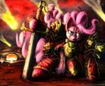 adeptus_astartes armor blue_eyes cosplay crossover_cosplay cutie_mark detailed_background explosion female feral fur hair kneeling looking_at_viewer machine melee_weapon meteor outside pink_body pink_fur pink_hair planted_weapon power_armor solo space_marine sword weapon davionx doublewbrothers japandragon friendship_is_magic hasbro my_little_pony warhammer_(franchise) warhammer_40000 pinkie_pie_(mlp) earth_pony equid equine horse mammal pony crossover