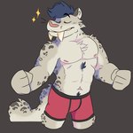 abdominal_hair abs anthro boxers_(clothing) boxers_only clothed clothing cocky cocky_smile fangs fluffy male muscular muscular_male navel nipples pecs pose red_clothing solo teeth topless underwear underwear_only naaidden felid mammal pantherine snow_leopard 1:1 hi_res