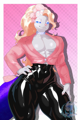 abs anthro blonde_hair blue_sclera bottomwear clothing collar colored_nails exposed_chest femboy fur hair hand_on_hip latex latex_bottomwear latex_clothing latex_pants long_hair male markings mole_(marking) mouth_closed nails pants pink_clothing pink_nails pink_nose pink_topwear pink_vest ring_(jewelry) solo tail thick_thighs topwear vest white_body white_eyes white_fur wide_hips emmet_twunks nintendo pokemon romeo_(activeajames) generation_7_pokemon pokemon_(species) primarina 2026 absurd_res digital_drawing_(artwork) digital_media_(artwork) english_description hi_res