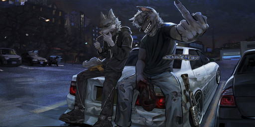 anthro blood bodily_fluids bottomwear building car cigarette cigarette_in_mouth city clothing criminal denim denim_bottomwear denim_clothing detailed_background duo ear_piercing ear_ring facial_piercing footwear fur gesture grey_body grey_fur gun hand_gesture jacket jeans lighter lighting_cigarette looking_at_viewer male male_anthro middle_finger night nose_piercing nose_ring object_in_mouth pants parking_lot piercing ranged_weapon ring_piercing scenery sharp_teeth shirt shoes sitting sitting_on_car street_lamp teeth topwear vehicle weapon suulfur canid canine mammal hi_res