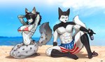 abs alcohol american_flag_bikini anthro arm_tuft beach beer beverage bikini black_body black_fur black_hair breasts chest_tuft clothing collarbone duo eyebrows eyelashes feet female flag_bikini fur green_eyes grey_body grey_eyes grey_fur hair hand_behind_head holding_beverage holding_object inner_ear_fluff kneeling looking_at_viewer male markings navel pawpads shoulder_tuft side-tie_bikini sitting smile spots spotted_body spotted_fur string_bikini swimming_trunks swimwear tuft two-piece_swimsuit white_body white_fur pgm300 morgan_(selftorturer) canid canine felid feline mammal 2024 absurd_res hi_res
