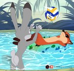 4_fingers anthro breasts casual_nudity countershading day detailed_background duo eyebrows eyelashes female fingers nude outside partially_submerged purple_eyes smile water nerton disney zootopia judy_hopps nick_wilde canid canine fox lagomorph leporid mammal rabbit red_fox true_fox absurd_res hi_res