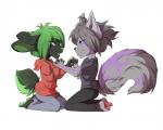 4_toes 5_fingers anthro barefoot black_nose blue_eyes clothed clothing duo eye_contact feet female fingers fluffy fluffy_tail fur green_eyes green_hair green_nose green_tongue grey_body grey_fur grey_hair hair looking_at_another male pawpads simple_background smile tail toes tongue white_background rikitoka canid canine canis domestic_dog lagomorph leporid mammal rabbit 5:4