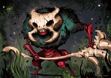 bone bone_mask male mask red_body skull skull_helmet skull_mask solo standing weapon lehmannthiago hollow_knight:_silksong hollow_knight_(franchise) team_cherry ant arthropod hymenopteran insect skarr skarrgard 2025 hi_res