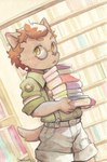 anthro book bottomwear brown_body brown_fur brown_hair clothing eyewear fur glasses hair library male shorts solo suspenders yellow_eyes young chibicheu cyberconnect2 fuga:_melodies_of_steel little_tail_bronx socks_million canid canine caninu canis domestic_dog mammal 2024 hi_res