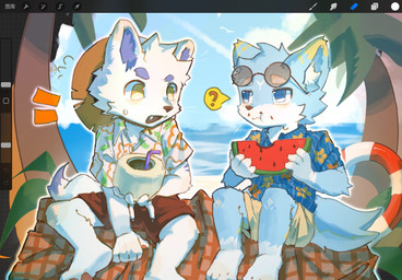 anthro beach blue_body blue_eyes blue_fur bodily_fluids duo eye_contact fur fur_markings looking_at_another male markings open_mouth purple_body purple_fur sweat sweatdrop white_body white_fur yellow_eyes yellow_markings asenjian canid canine canis mammal wolf 2025 hi_res