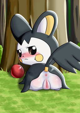 anus apple blush bodily_fluids female feral food fruit genitals grass plant solo sweat tree vulva white_body olihai nintendo pokemon emolga generation_5_pokemon pokemon_(species) absurd_res hi_res