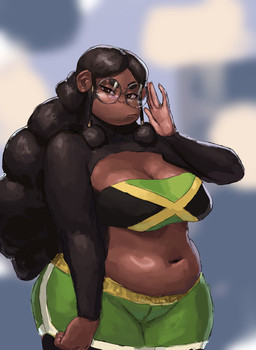 anthro bandeau belly big_belly big_breasts bottomwear breasts brown_body brown_eyes brown_fur brown_hair cleavage clothed clothing dolphin_shorts eyewear female fur glasses hair jamaican_flag long_hair looking_at_viewer midriff navel overweight overweight_anthro pigtails round_glasses shorts simple_background solo topwear wearing_glasses redustheriotact oona_(duppio) haplorhine mammal monkey primate 2025 hi_res