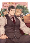 anthro beard clothed clothing duo facial_hair fur looking_at_viewer male necktie plushie red_necktie suit youzora_samo18 lifewonders tokyo_afterschool_summoners arsalan_(tas) zabaniyya_(tas) angel felid human lion mammal pantherine hi_res