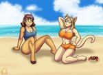 anthro arthropod artist_watermark beach belly big_breasts blonde_hair blue_clothing blue_sky blue_swimwear bottomwear bovid breasts butt caprine cat_girl_(on_your_tail) cleavage clothed clothing colored crab crustacean day decapoda diana_(on_your_tail) digital_drawing_(artwork) digital_media_(artwork) domestic_cat duo ear_piercing ear_ring ear_tuft ears_up eyebrows eyewear feet felid feline felis female female/female feral fingers floppy_ears fur glasses goat hair hands_behind_back hi_res hooves horn long_hair looking_at_another looking_at_viewer malacostracan mammal marine mlock multicolored_body navel on_your_tail one-piece_swimsuit orange_clothing orange_swimwear outside piercing pose purple_hair ring_piercing sand seaside shaded shadow short_hair shorts sitting sky smile spread_legs spreading swimwear tail thick_thighs toes topwear tuft two-piece_swimsuit two_tone_body water yellow_eyes