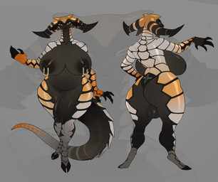 anthro areola balls big_breasts black_areola black_body black_fur black_nipples breasts curved_horn flaccid foreskin fur genitals gold_scales grey_background grey_body grey_scales gynomorph half-closed_eyes hooves horizontal_pupils horn huge_breasts humanoid_genitalia humanoid_penis intersex narrowed_eyes nipple_piercing nipple_ring nipples nude penis perineum piercing pupils ring_piercing scales side_boob simple_background slightly_chubby slightly_chubby_anthro slightly_chubby_gynomorph slightly_chubby_intersex solo yellow_sclera indigochto dungeons_and_dragons hasbro wizards_of_the_coast ulgrah bovid caprine dragonborn_(dnd) goat hybrid mammal scalie hi_res model_sheet