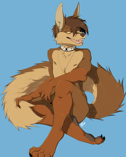 anthro blue_background brown_hair collar ear_piercing hair jewelry looking_at_viewer male necklace nipples nude open_mouth piercing pose simple_background solo tail year yellow_eyes kien lonejackal canid canine canis jackal mammal 2009 4:5 hi_res